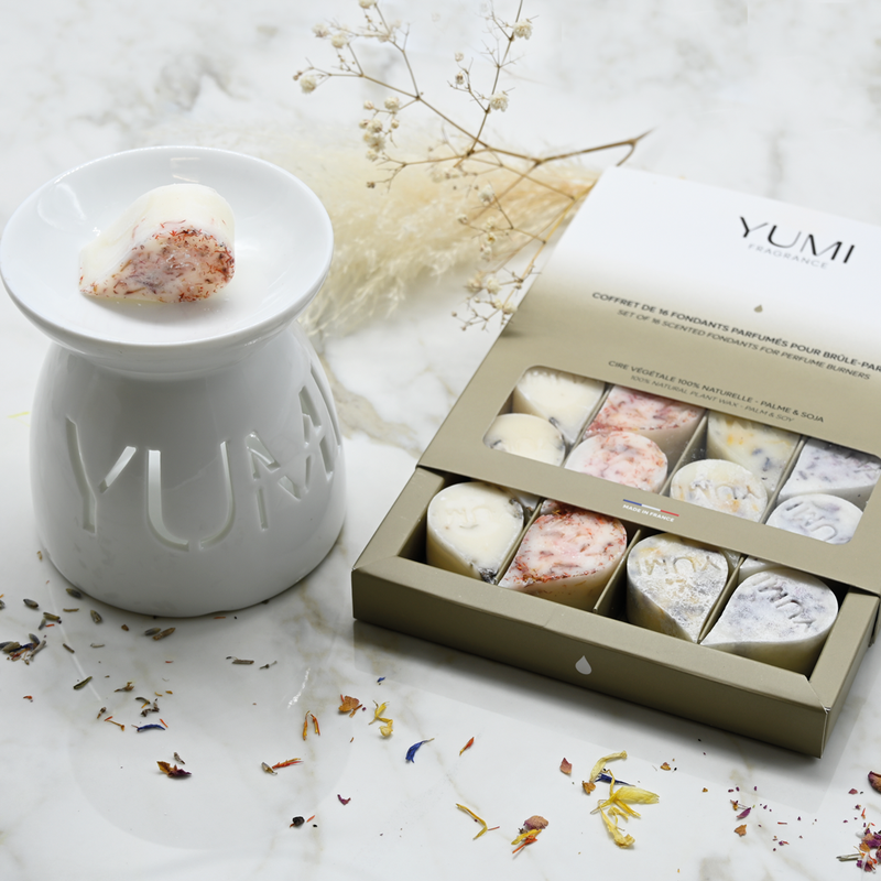 Pack de 1 coffret de 16 fondants parfumés + 1 brûle parfum céramique